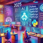Espaço futurista de desenvolvedor com telas mostrando Python, JavaScript, TypeScript e Go, destacando as tendências de linguagens de programação para 2025