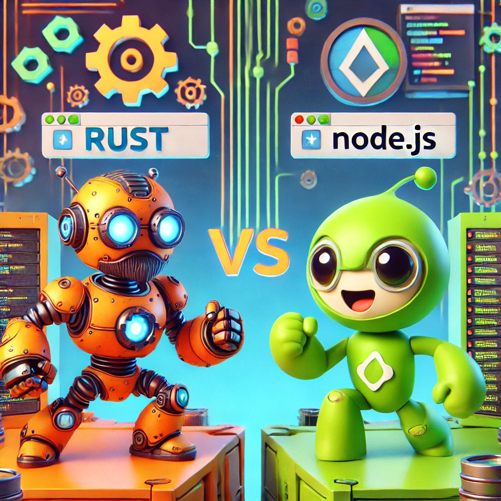 Ilustração 3D em estilo cartoon representando Rust e Node.js como tecnologias backend, destacando Rust como alternativa ao Node.js.