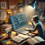 Ilustração 3D realista de uma pessoa enfrentando desafios para aprender programação, com laptop, livros e um ambiente de estudo.