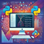 Computador exibindo código Python com logos do Scikit-learn, TensorFlow e PyTorch, simbolizando frameworks de IA para iniciantes.