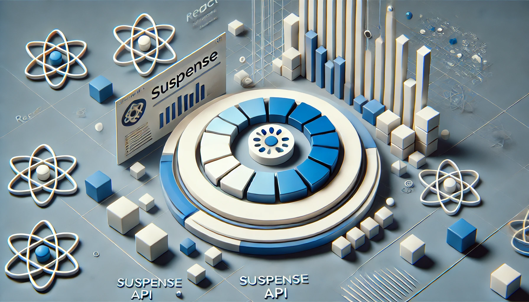 Ilustração 3D destacando a Suspense API do React com elementos de carregamento e componentes resolvidos.