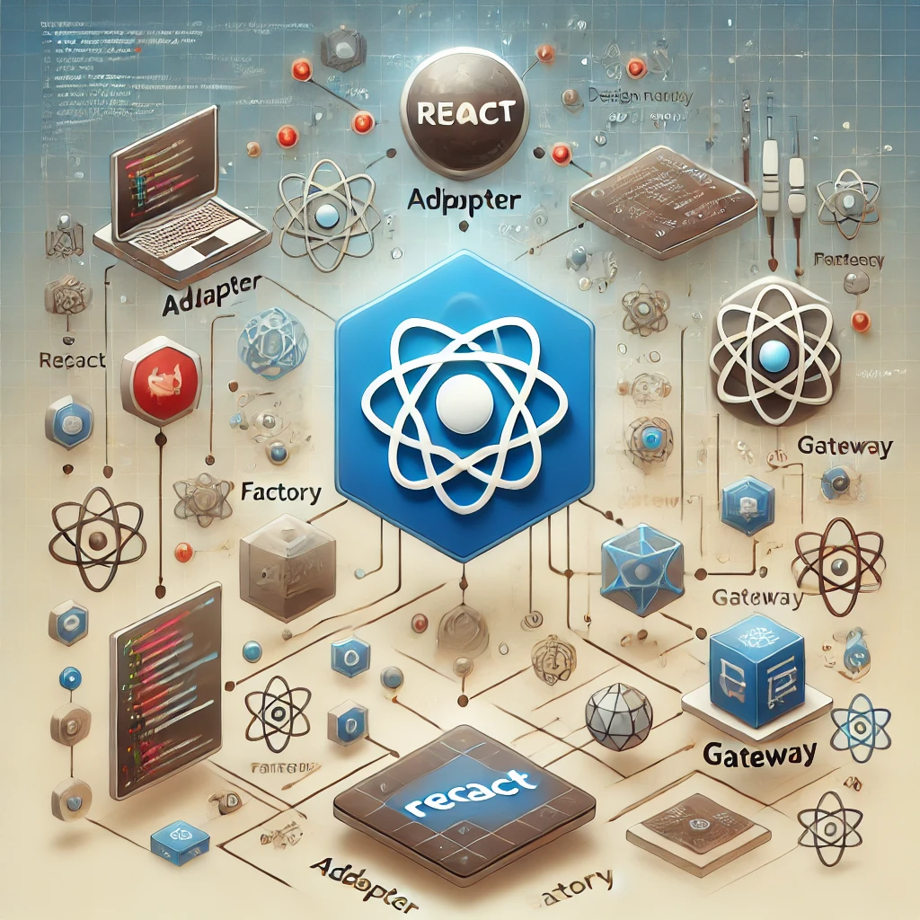 Ilustração conceitual sobre design patterns no React com elementos visuais de Adapter, Factory e Gateway.