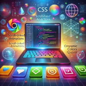 Ilustração futurista sobre novos recursos do CSS em 2025, com laptop exibindo código e elementos visuais como grids e animações de scroll.