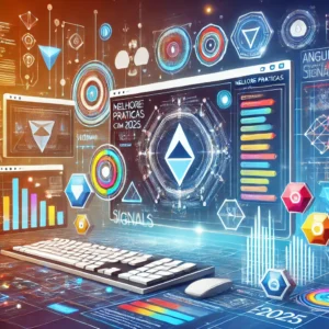 Melhores práticas com Angular Signals em 2025, ilustrando conceitos de programação reativa e Angular com um design futurista.
