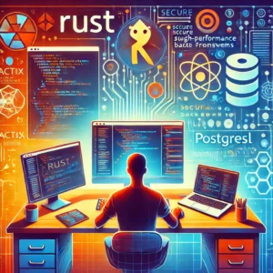 Desenvolvedor criando uma API com Rust e Actix Web, com código na tela, logotipo do Rust e PostgreSQL em destaque.