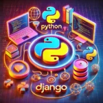 Elementos 3D representando os pré-requisitos para aprender Django, com logotipos e ícones de tecnologia conectados por linhas brilhantes.