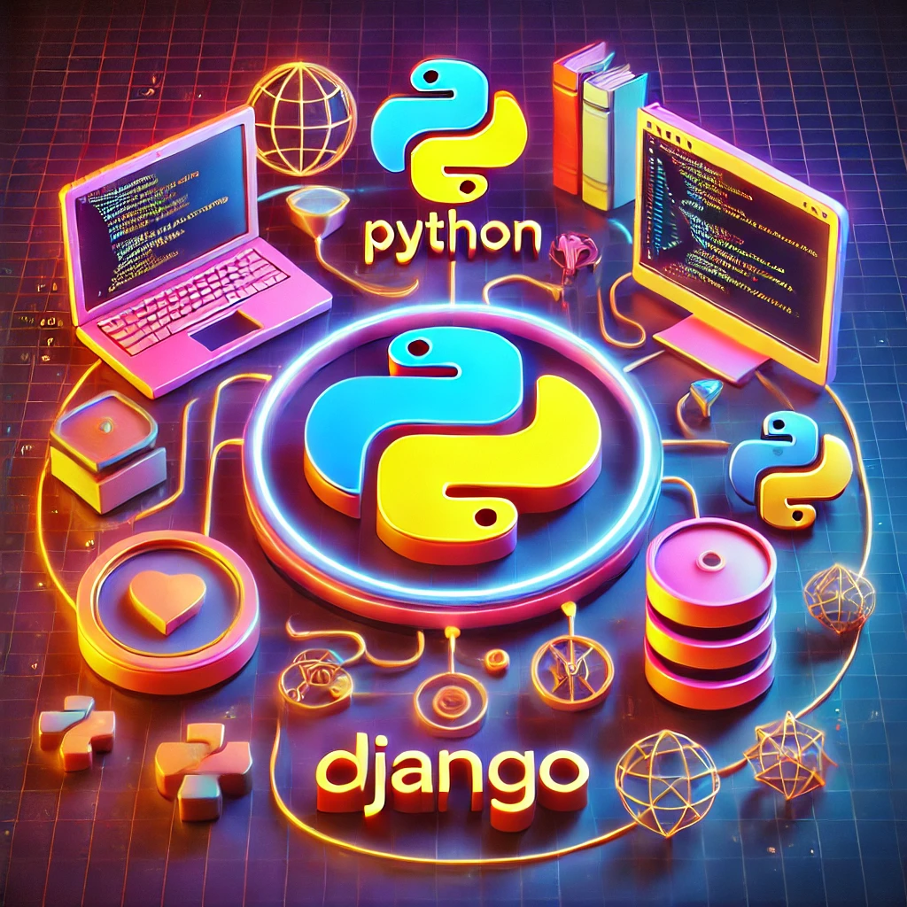 Elementos 3D representando os pré-requisitos para aprender Django, com logotipos e ícones de tecnologia conectados por linhas brilhantes.