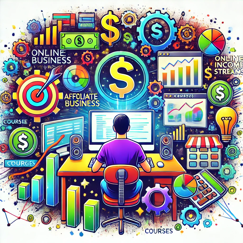 Ilustração mostrando como aumentar sua renda como programador, com um profissional cercado por ícones de negócios online, marketing de afiliados, cursos e ferramentas digitais.