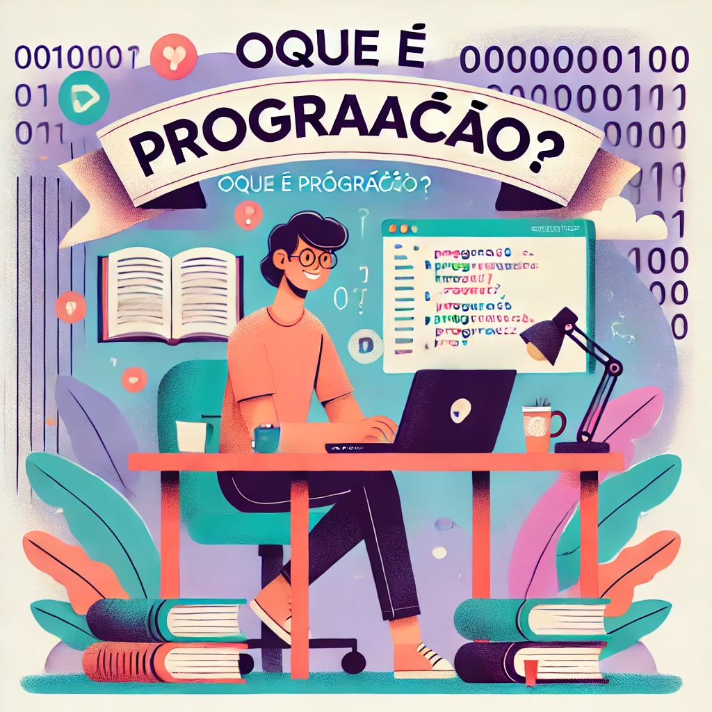 Pessoa aprendendo programação em um laptop, com elementos de tecnologia ao fundo e a frase 'Oque e programação?' em destaque.