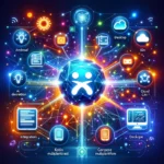 lustração Kotlin Multiplatform para 2025 mostrando integração entre Android, iOS, desktop e nuvem com ícones tecnológicos futuristas.