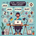 Ilustração de programador em sua mesa com laptop e ícones de linguagens como Java, Python, Rust e JavaScript ao redor. Qual linguagem para 2025?