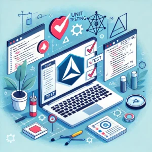 Ilustração de testes unitários no Angular com elementos de codificação e símbolos de teste ao redor de uma tela de editor de código.