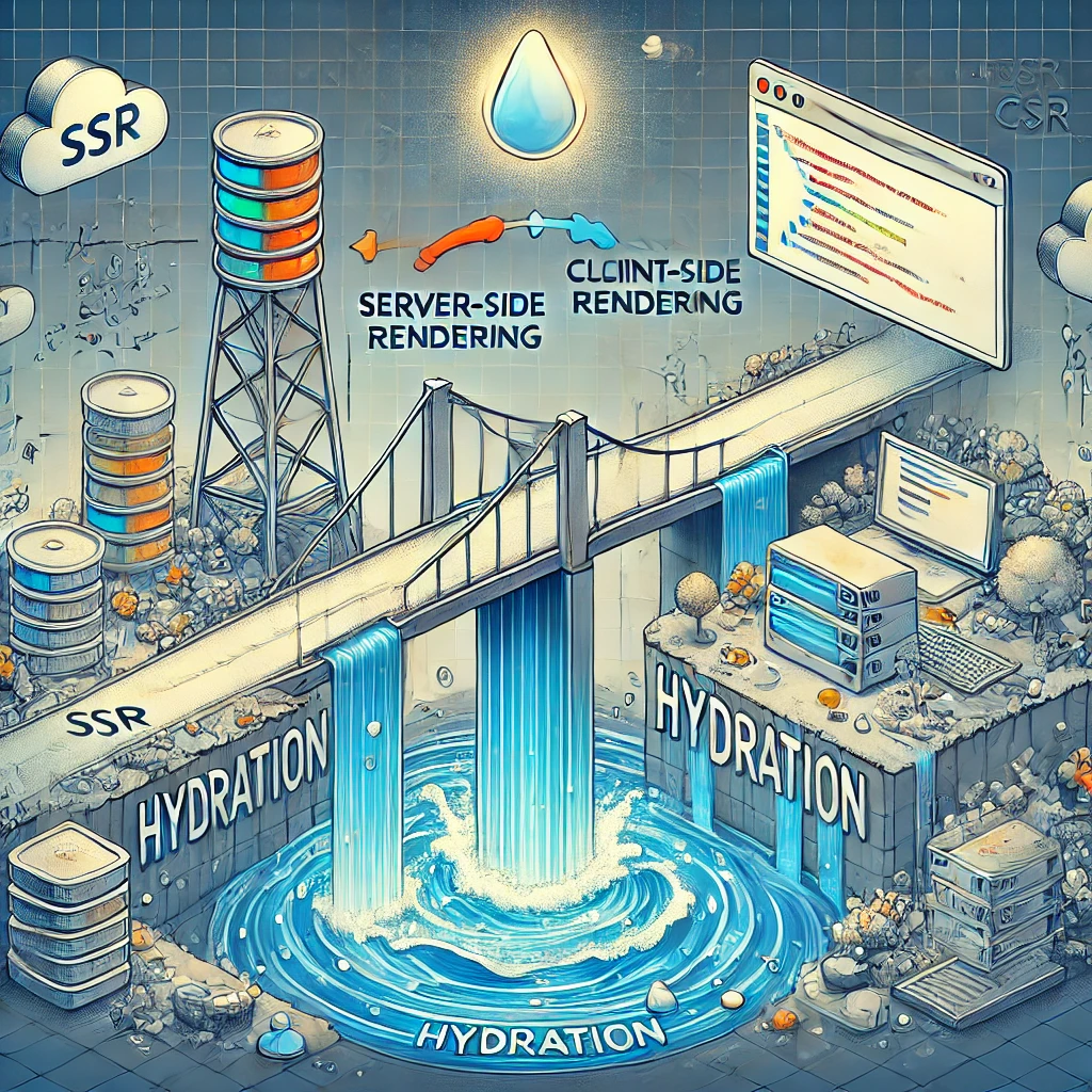 Ilustração de hidratação no front destacando a conexão entre SSR e CSR.