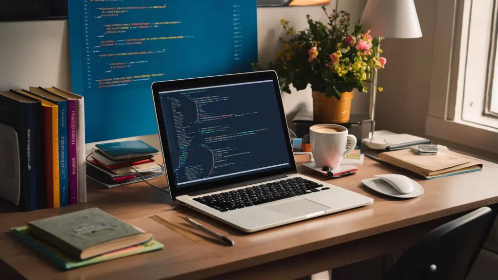 Computador portátil mostrando código, cercado por livros de programação e uma caneca de café em mesa de escritório iluminada.